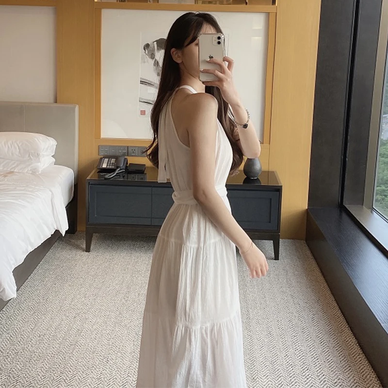 Korean Fashion French Off Shoulder Dress Pleated Lace-up Slim Fit Knee Length Dress Design Elegant Sleeveless Womens Dresses