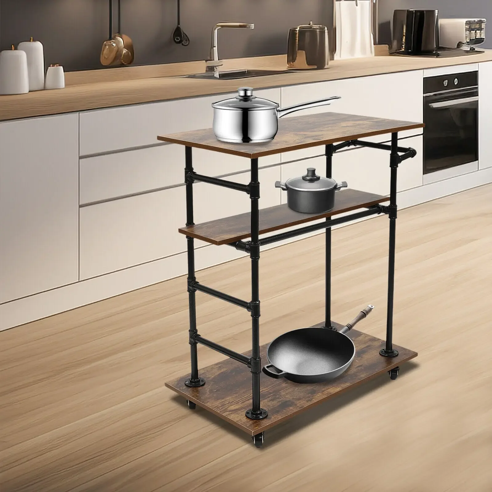 

"3 Layer Kitchen Cart with Removable Hooks and Universal Wheels for Small Space Storage Organization 31.5""L x17.7""W x39.4""H"