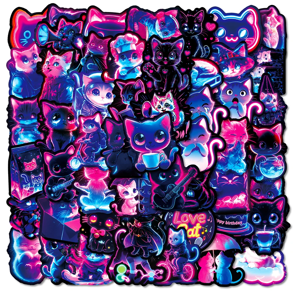 10/30/50pcs Neon Light Animal Cat Cartoon Stickers Aesthetic Decal DIY Skateboard Phone Suitcase Cute Decoration Sticker for Kid