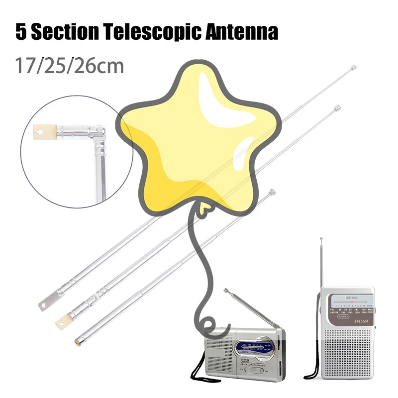 17/25cm 5 Section Metal Full-Channel Am Fm Radio Antenna Telescopic Antenna Rotating Antenna Aerial M2.5