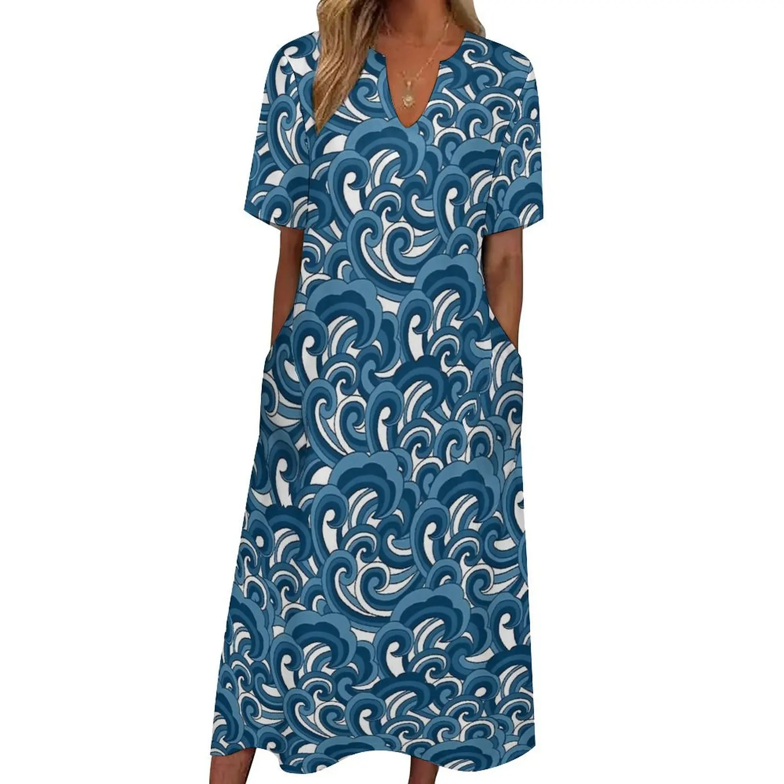 Stylised Blue Wave Print Dress Summer  Aesthetic Boho Beach Long Dresses Womens Night Club Maxi Dress Birthday Present