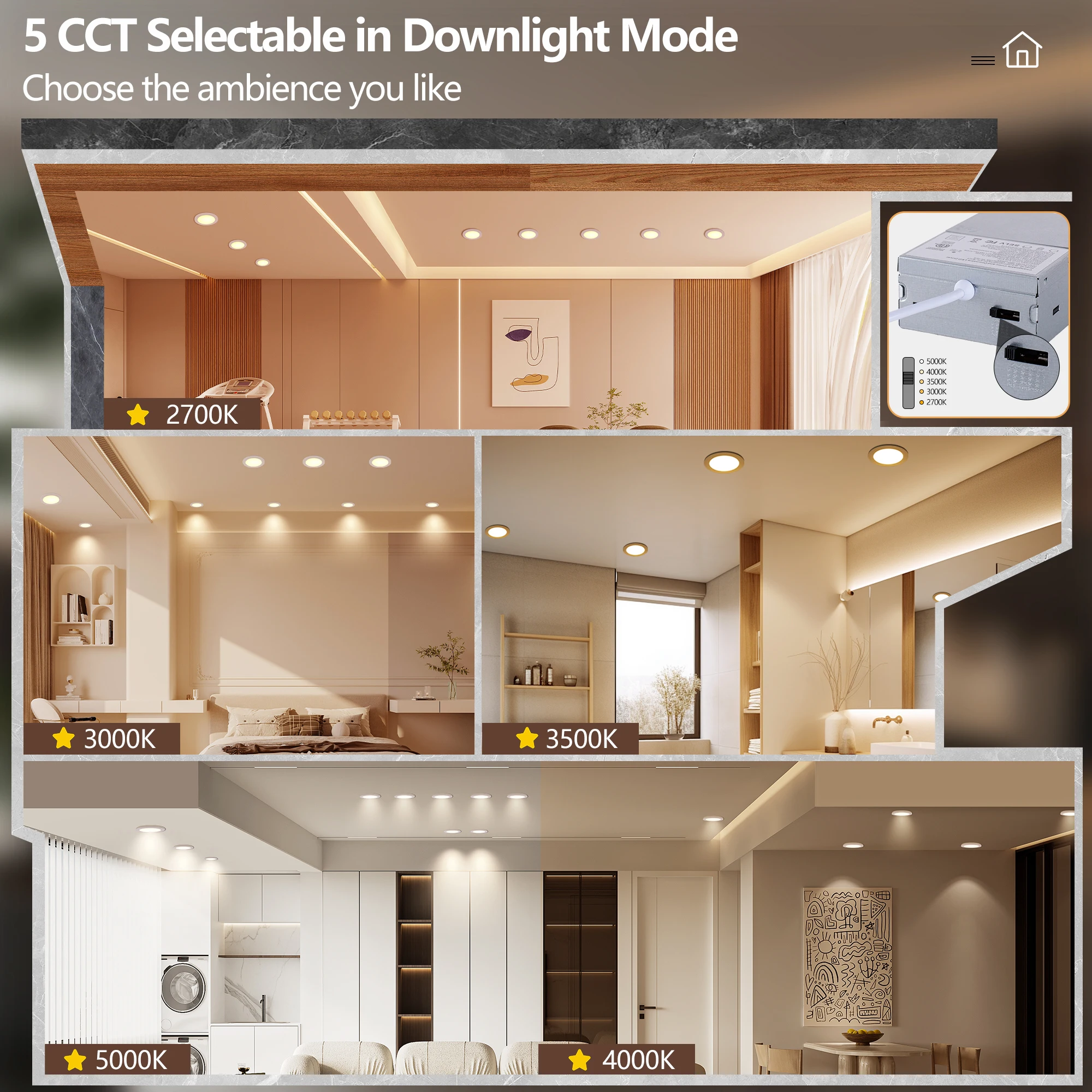 

6 Pack 6 Inch 5CCT LED Recessed Ceiling Light Panel Dimmable with Night Light