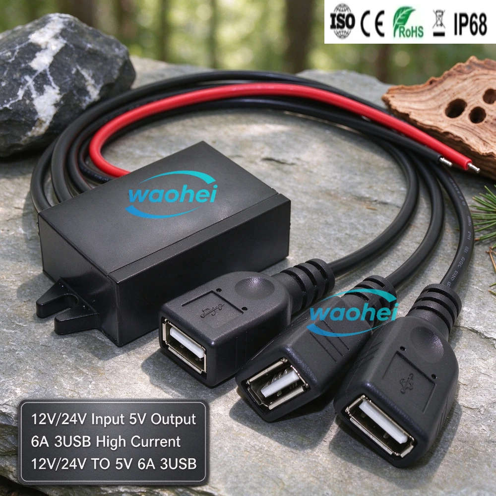 DC Step Down Buck Power Converter 12V 24V To 5V 6A 30W Car Power Converters Power Adapter with Triple USB Output for Car Phone