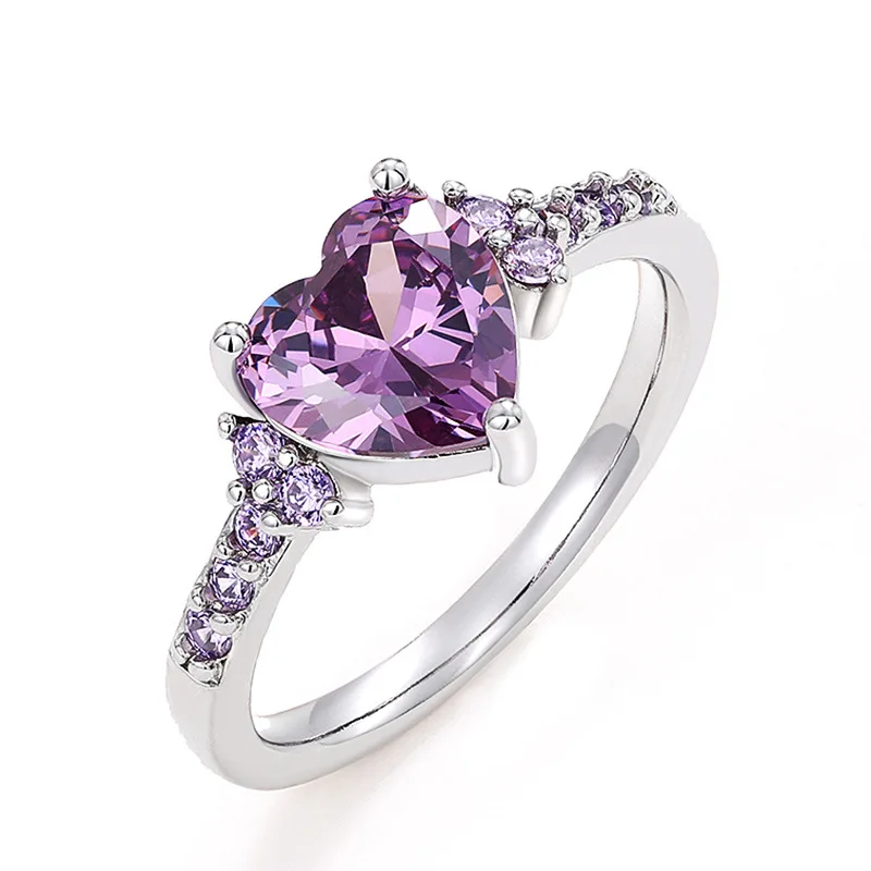 Anéis de zircônia cúbica femininos, cerimônia de casamento romântica, acessório nupcial, joias da moda, coração encantador, roxo, festa, novo, 2024