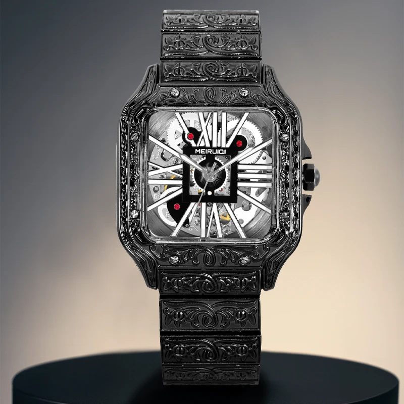 

Мужские черные механические часы в ретро-стиле, высококачественные, полностью автоматические, с квадратным узором.