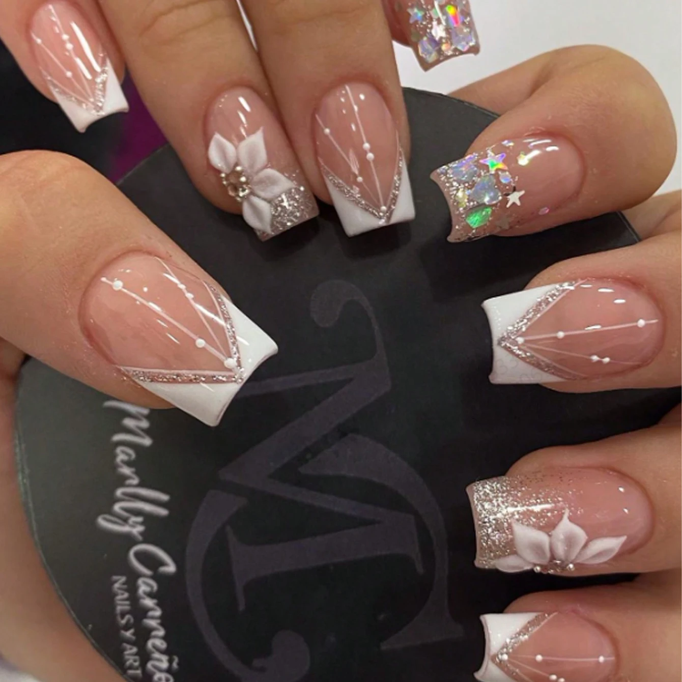

24PCS Square press nail white French pointed fake nail with flash design, fully covered acrylic fake nail