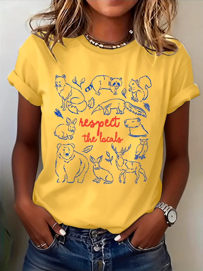 ilstile Women's Respect The Locals Wildlife Animal Print T-Shirt Casual Short Sleeve Nature Lover Tee Summer Short Sleeve