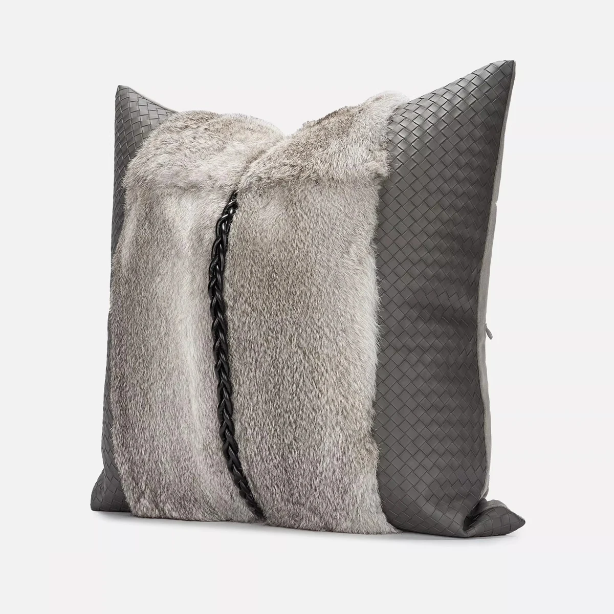 Light Luxury Leather-Patched Black and Gray Pillow High-End Rabbit Fur Accent Pillow Sample Room Pillow