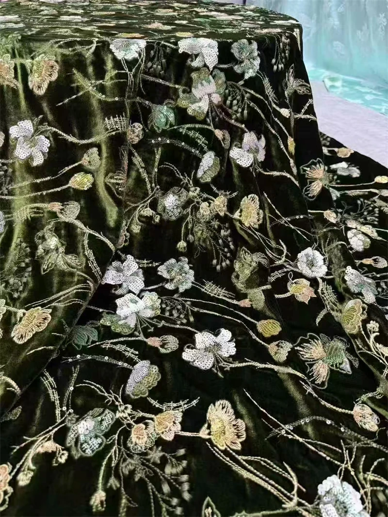 Early Autumn New Deep Green Silk Velvet Embroidered Luxury Designer Sewing Material High End Handmade DIY Clothing Silk Fabric