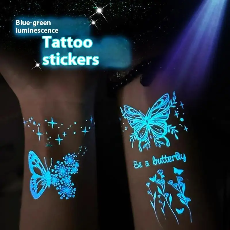 1/6 hojas de pegatina de tatuaje luminosa azul, resistente al agua, temporal, para dedo, muñeca, arte corporal, tatuaje de mariposa falsa