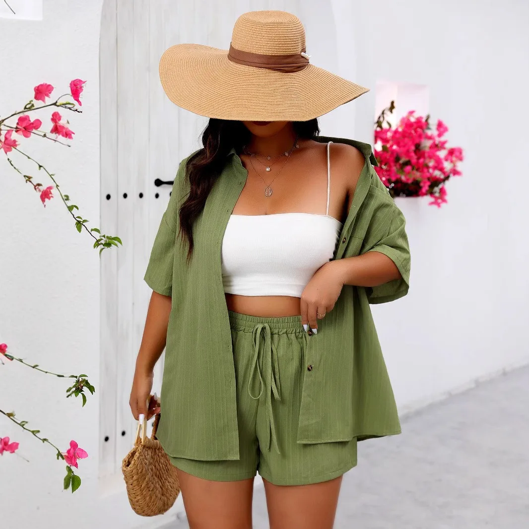 Casual Crinkled Set Mini Length with Short Skirt Short Sleeves Capri Pants Japanese Korean Casual Regular Sleeve Set Women