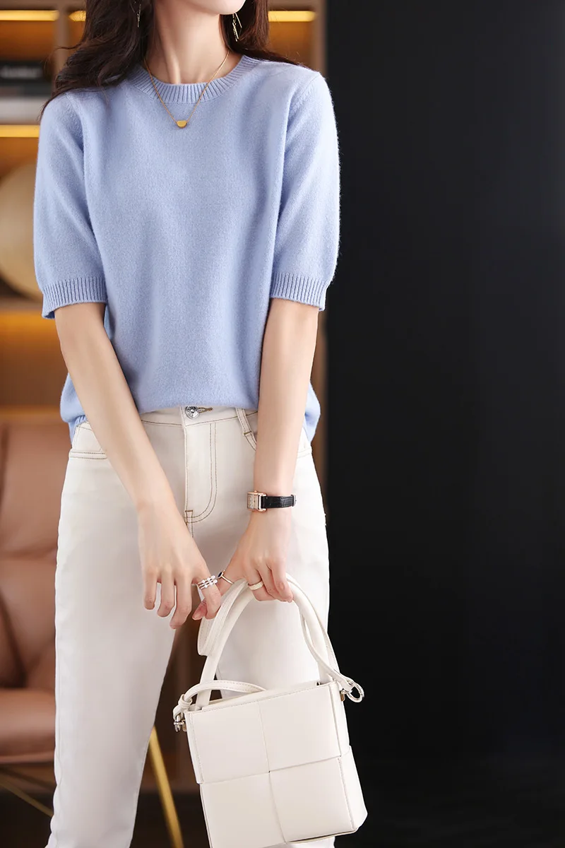 

Basic Fashion 100% Merino Wool Sweater O-Neck Cashmere Pullover Women Clothing Half - SleeveComfort Soft Top Casual Solid