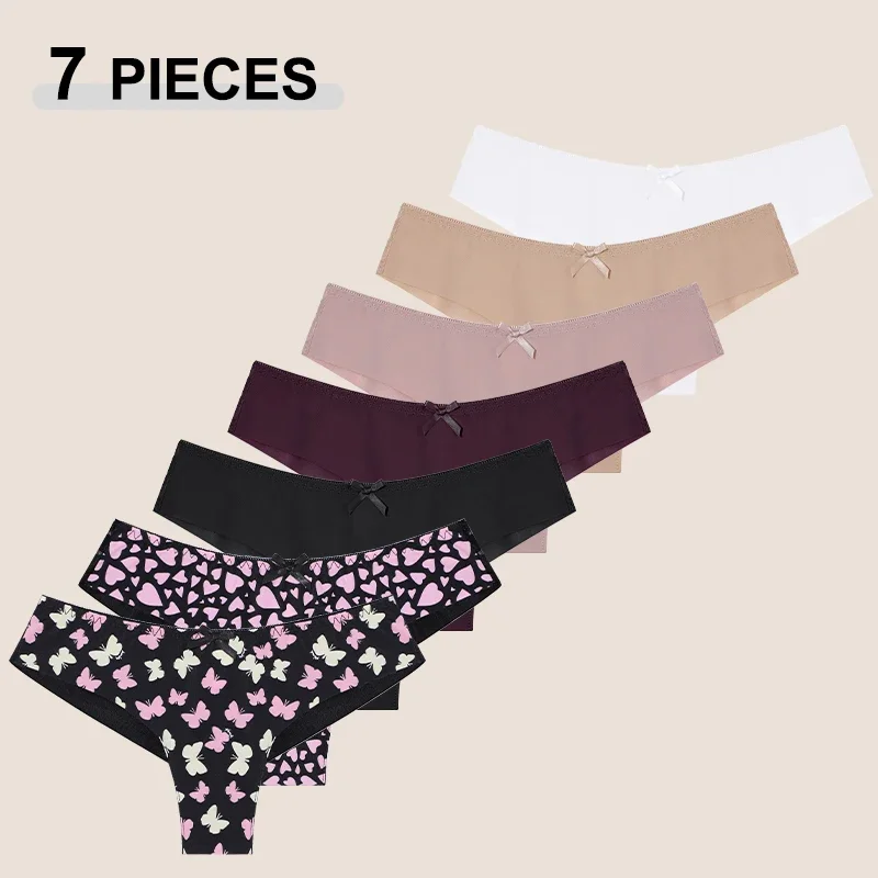 7Pcs/Set Sexy Lace Bowknot G-string For Women Seamless Butterfly Peach Heart Perspective Thongs Breathable Transparent Lingerie