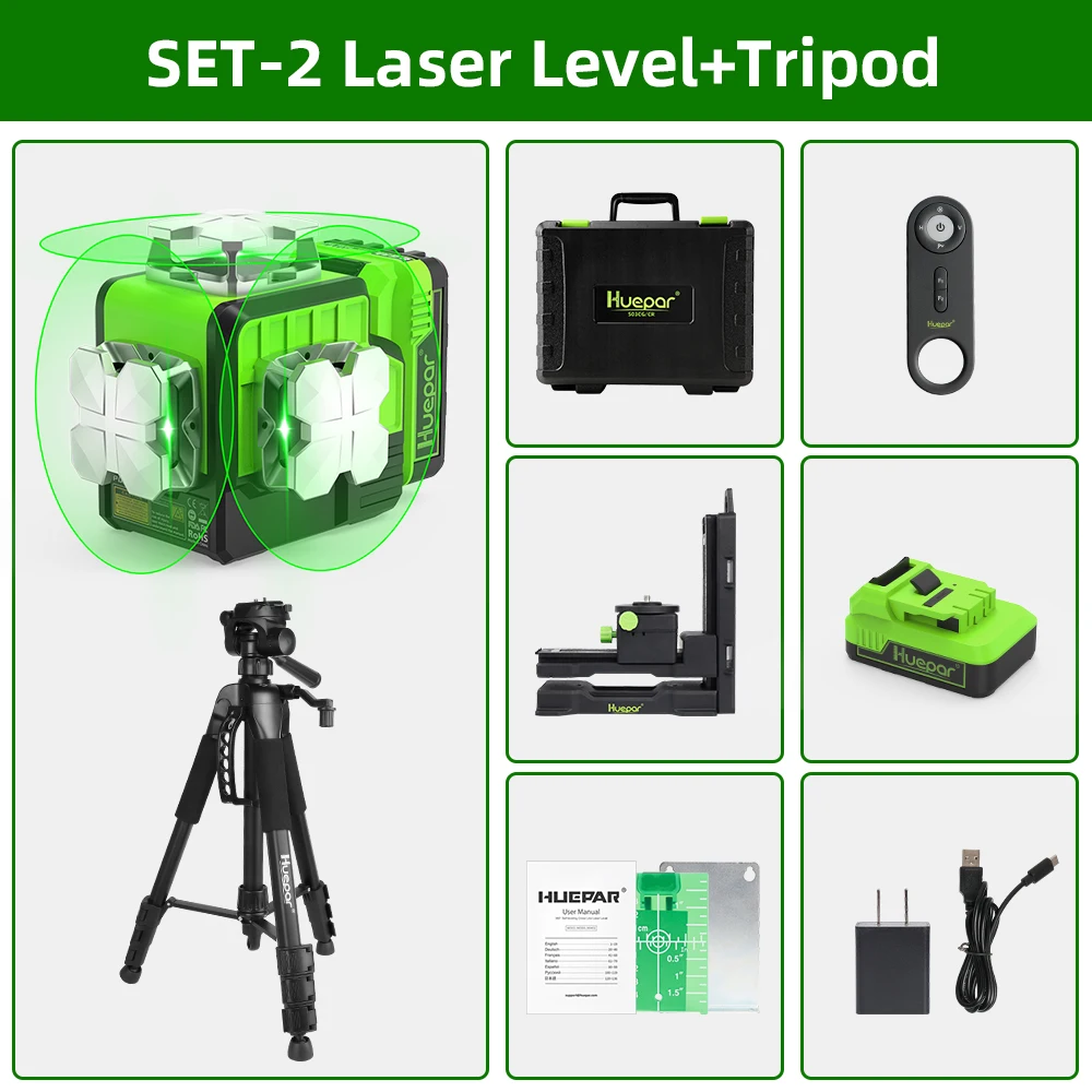 Huepar P03CG 12-lijnen 3D-laserniveau Horizontale verticale zelfnivellerende groene straallaserniveaumiddel met afstandsbediening en statief / detector - afbeelding 1