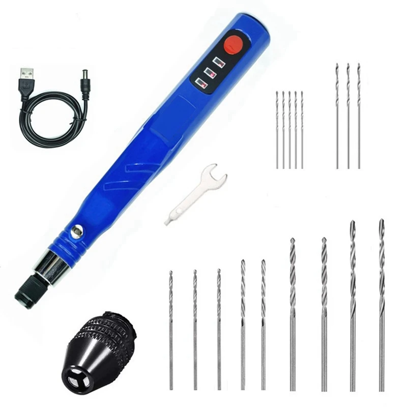 Wireless USB Rechargeable Hand Drill Pin Vise Set For Jewellery Making For Wood Resin Plastic (Blue)