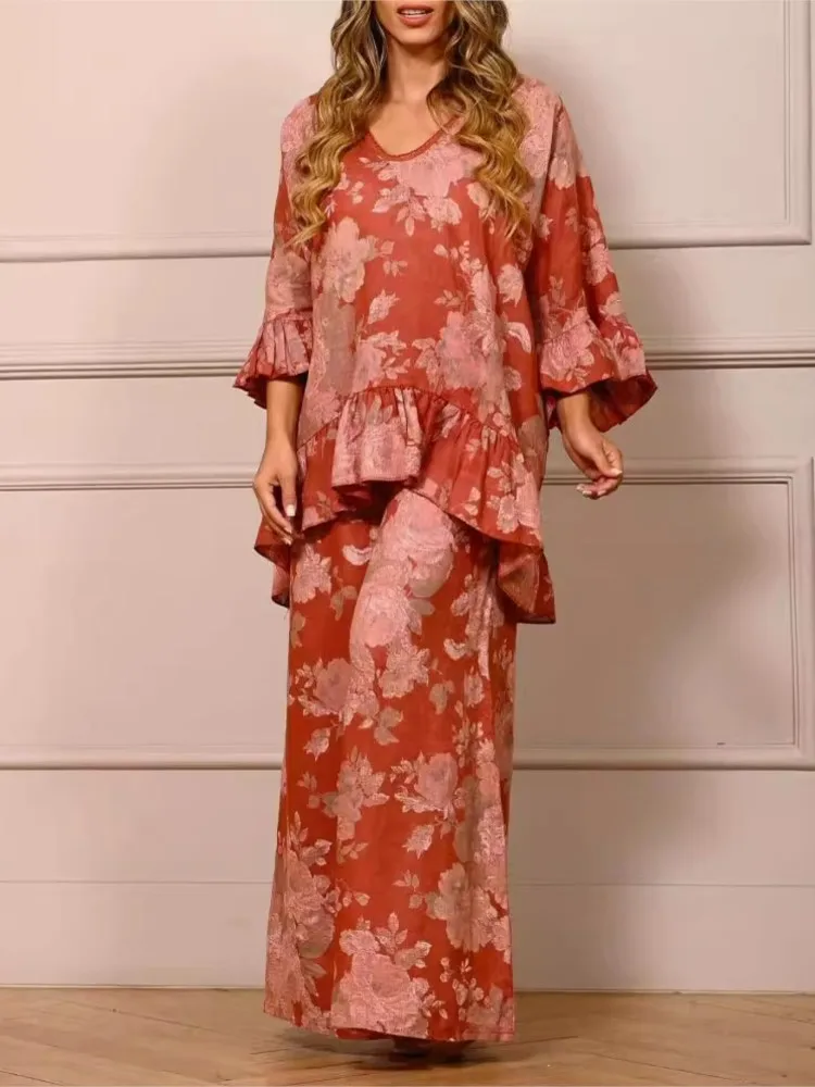 Vintage Flower Print Pant Sets Women Fashion Loose Ruffles T Shirt Wide Leg Trousers Two Piece Set Casual Female 2 Piece Sets