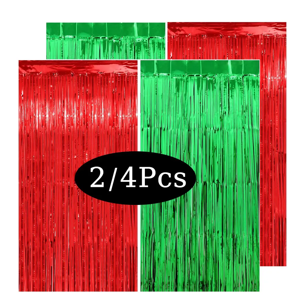 2/4 Packs Foil Fringe Curtains for Christmas Decorations Red Green Shimmer Tinsel Curtain for Christmas Birthday Backdrop Decor