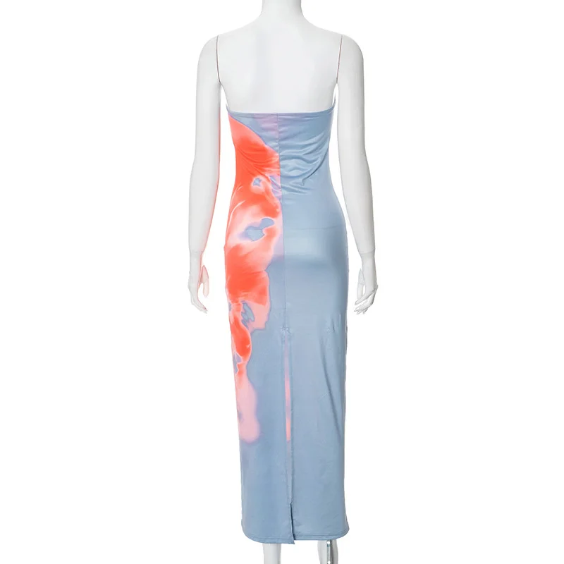 Vestido Tubo Maxi Estampado Sexy Sin Tirantes para Mujer, Escote Bardot, Espalda Descubierta, Elástico Largo, Verano Playa Y2K 6