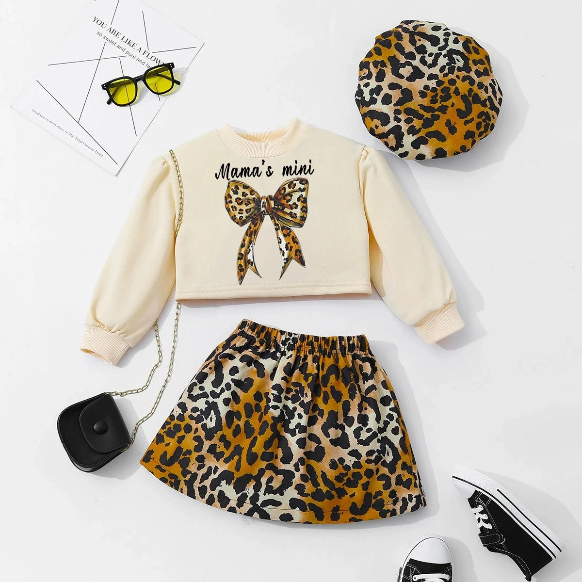

2025 Baby Girls Clothes Spring/Fall Outfits Korea 3 Pcs Set Long-Sleeve Top and Leopard Print Skirt For Kids Chidren Clothing