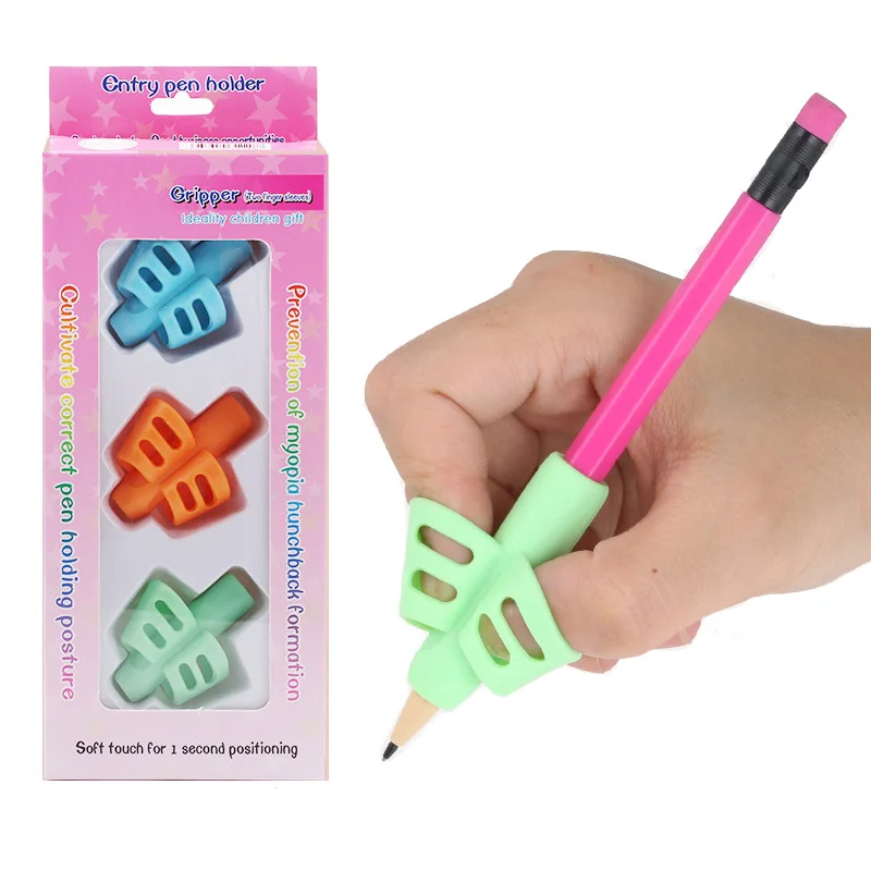 Juego de 3 agarres de lápiz de sílice suave para niños, herramienta de corrección de entrenamiento de escritura, pluma de Gel de dos dedos, regalos para niños