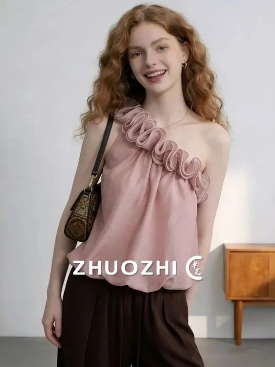 

Женский укороченный топ ZhuoZhi с цветочным декором и открытыми плечами, летний, новый, нежно-розовый, во французском стиле, свободного кроя