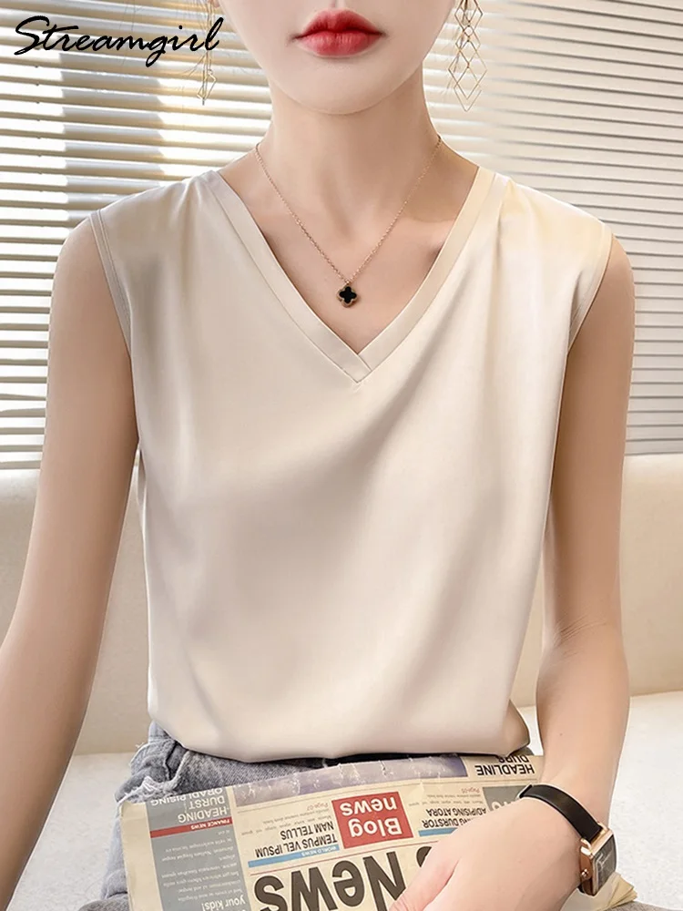 Silk Blouse Women Sleeveless Satin 2022 Summer Basic V Neck White Blouses Sleeveless Silk Summer Clothes For Women Blouses Black