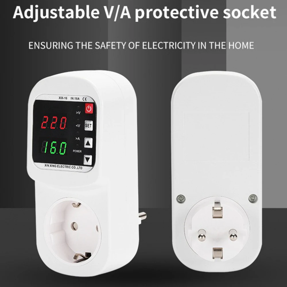 

Digital Display Self-resetting Over Voltage and Under Voltage Protector Safe Socket 220V 63A Adjustable V/A Protective Socket