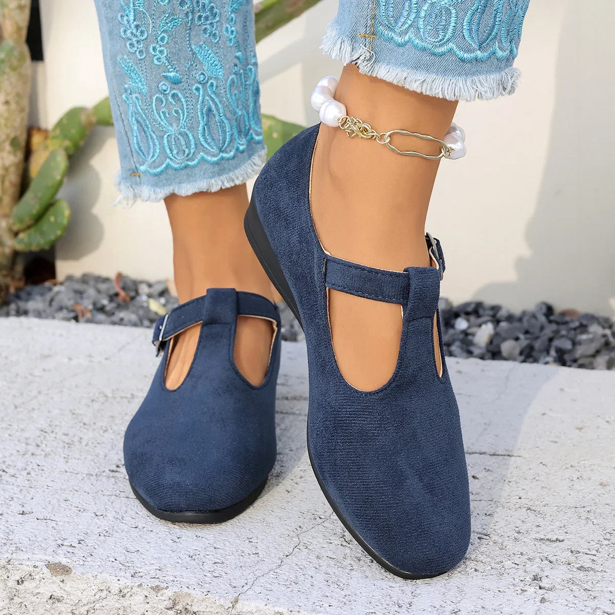 Bequeme T-Strap Mary Jane Wedges für Damen, Obermaterial aus Wildleder & niedriger Keilabsatz, Alltagsschuhe – Detail 6