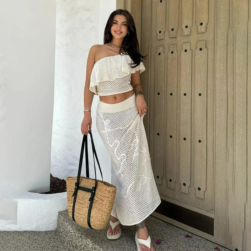 2026 Summer New Fashion European American Cross Border Women's Beach Cover Shirt Sexy Slanted Shoulder Hollow Beach Long Dress
