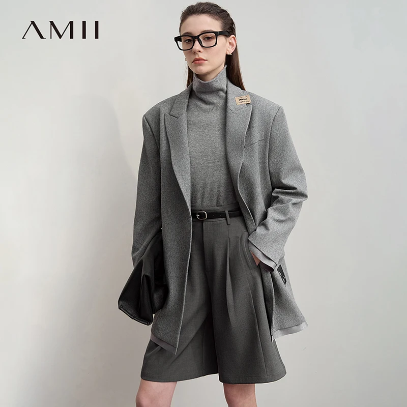 AMII سترة نسائية 2025 خريف جديد فضفاض متوسط وطويل الصلبة المرأة السترة تنوعا طويلة الأكمام السترة السيدات 12553050