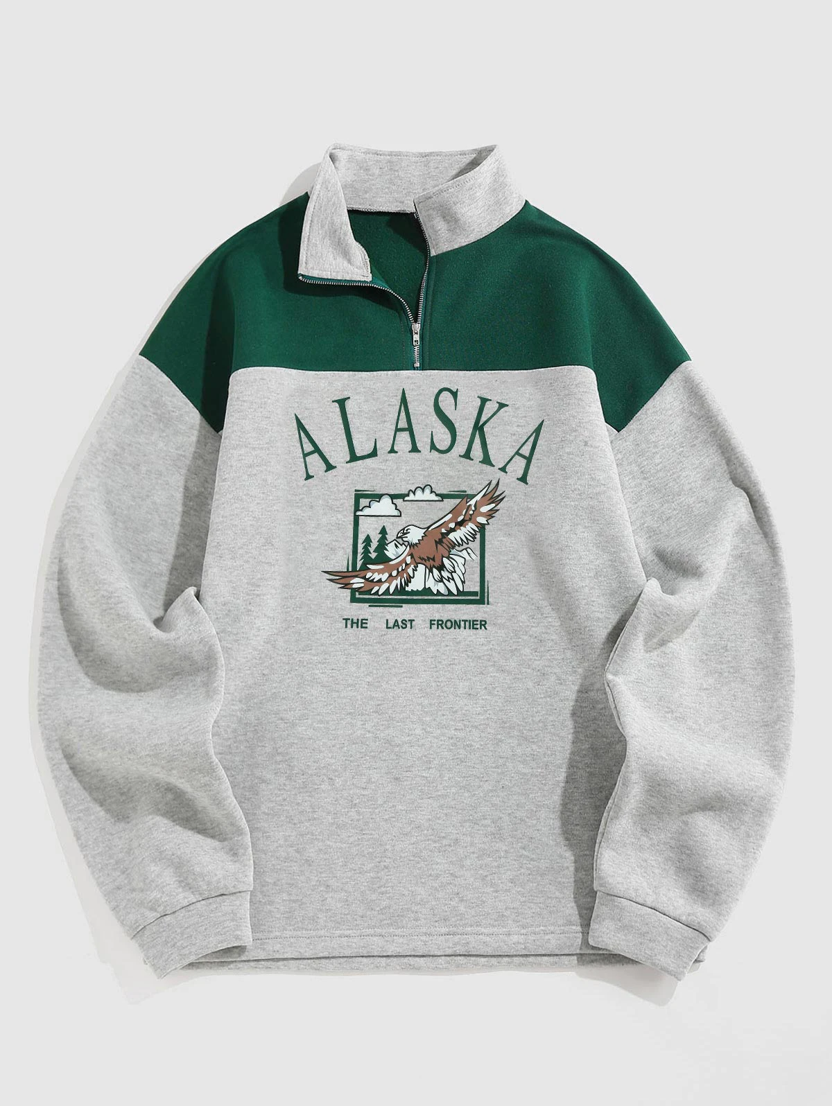 Men's Vintage ALASKA Graphic Eagle Printed Colorblock Fleece Quarter Zip Sweatshirt
