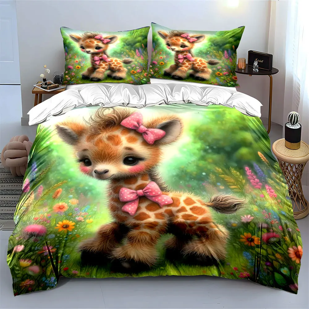 Adorable giraffe calf with pink bows Print Soft Comfortable Duvet Cover Bedding Set Included 1*Duvet Cover  2*Pillowcases