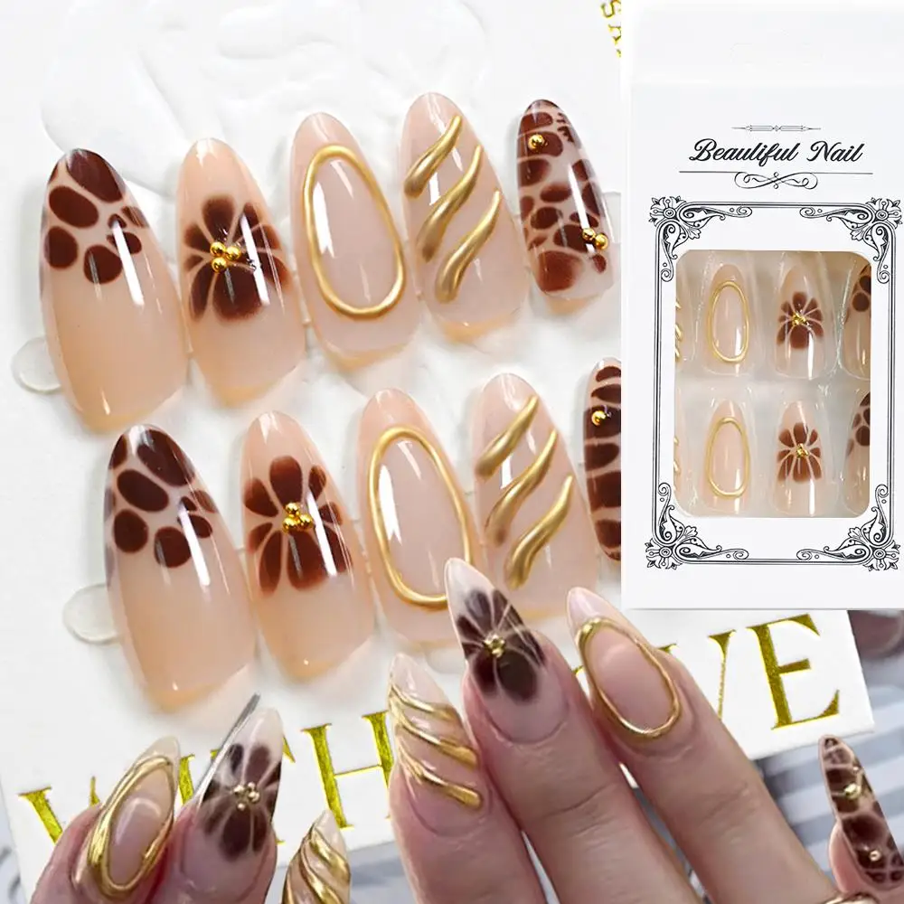 24pcs Luxury Gold Lines Leopard Flowers Fake Nails French Almond Nude Press On Nails with 3D Caviar Beads Wearable False Nailtip