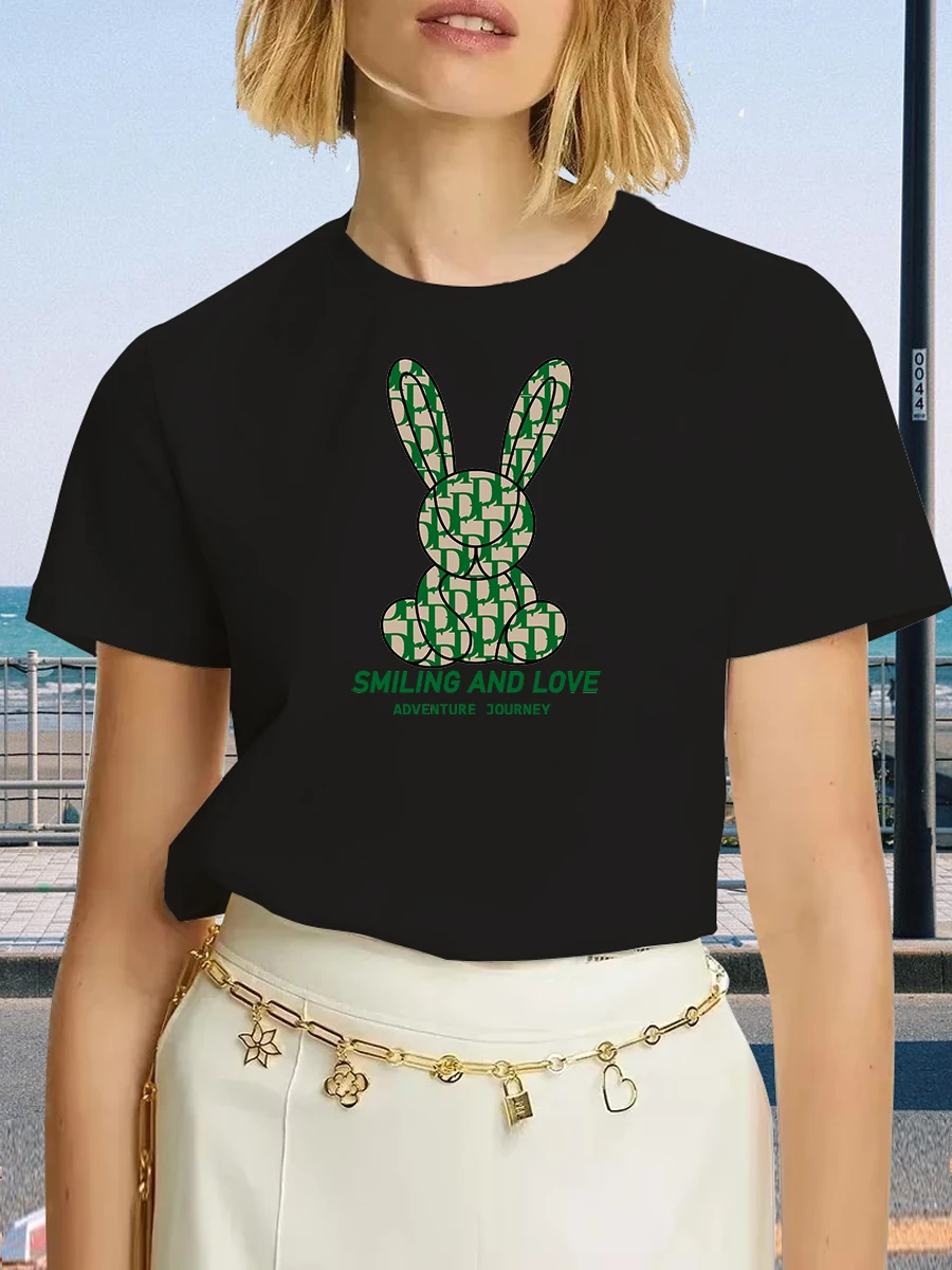 Blue Rabbit printing T Shirt Casual Oversized Brand T-shirt Woman Black T-shirts Graphic Streetwear S-3XL