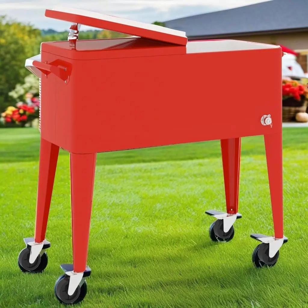 Red Cooler Cart with Wheels - 36.2x16.9x35 Portable Outdoor Beverage Carrier