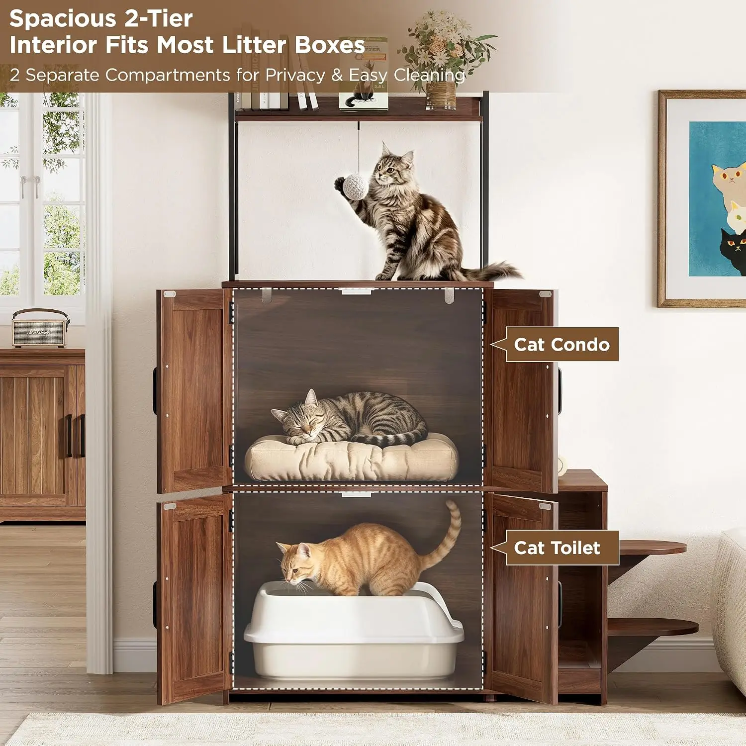 Cat Litter Box Enclosure Furniture, 2 in 1 Hidden Litter Box Furniture with Hanging Toy Ball, Double Litter Box Cabinet with She