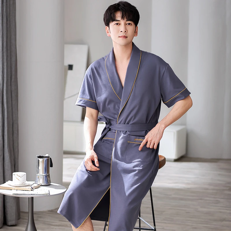 Men\'s Cotton Kimono Long Robes 4XL Short Sleeve Sleepwear Bathrobe Big Yards Nightgown Summer Lapel Home Clothes For Male