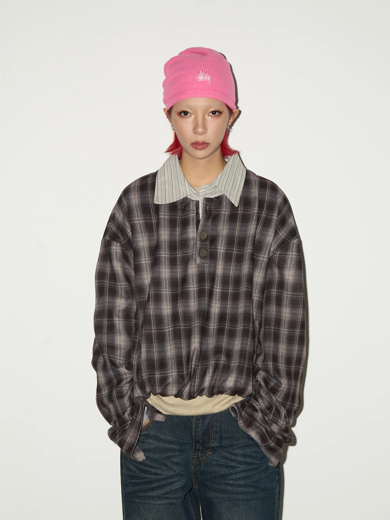 

MICHINNYON Ретро Sle Свободный крой в клетку irt Поддельный двухсекционный повседневный топ для мужчин и женщин или длины из полиэфирного волокна