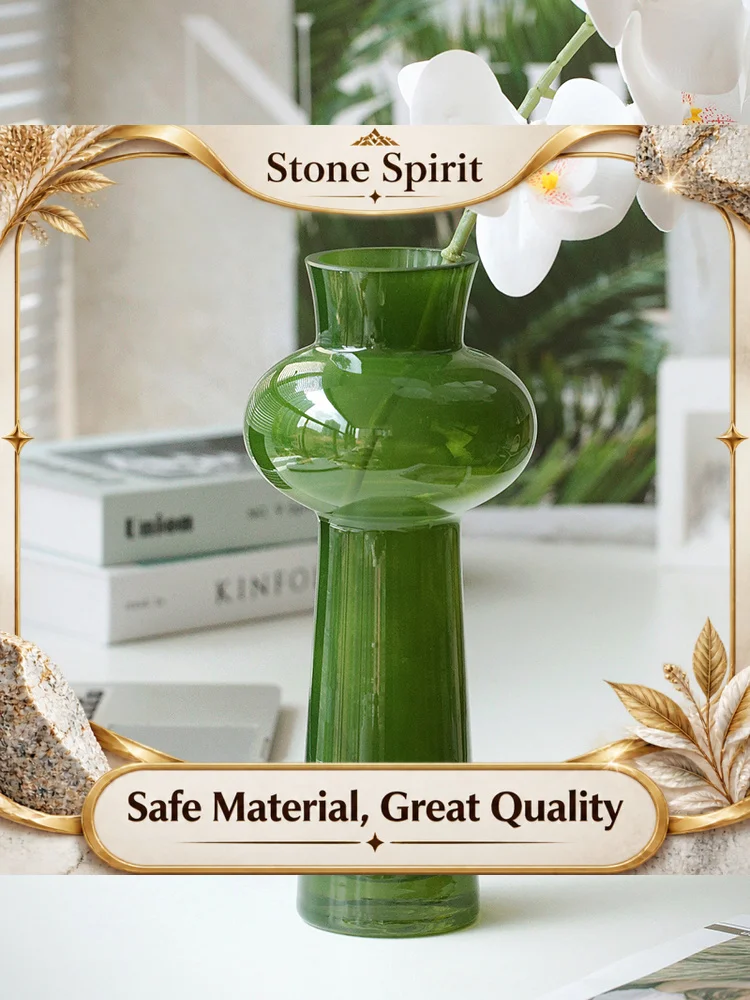 【Premium】AhunderJiaz Nordic Style Green Glass Flower Vase Desktop Living Room Coffee Table Decorative Ornaments Home Decor