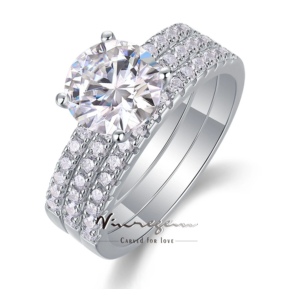 

Vinregem 3EX VVS1 D Color Round Cut 2CT 8MM Real Moissanite Diamond Ring Set 3Pcs 925 Sterling Silver Wedding Engagement Jewelry