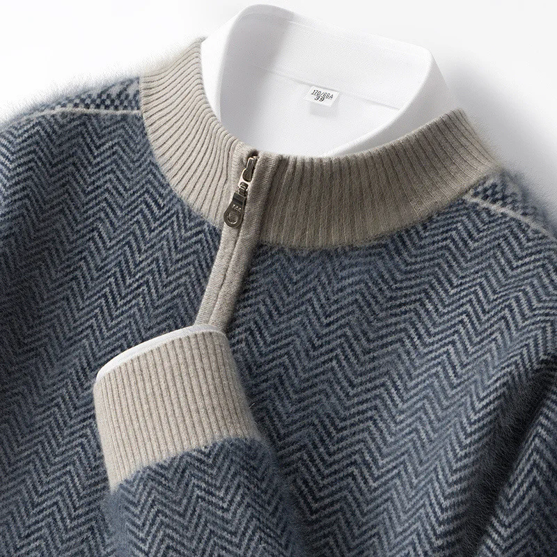 Autumn/Winter New Men's 100% Pure Cashmere Pullover Casual Zipper Knitted Sweater Loose Half High Neck Tops Thick Warm Jumper