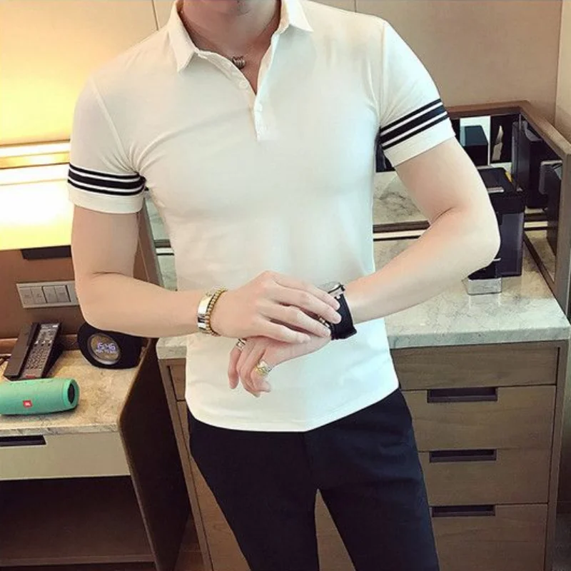 Man with Collar Tee Shirts Plain Streetwear Skinny Original Top Striped Slim Fit Basic Polo T Shirt for Men Gym Cotton Clothing