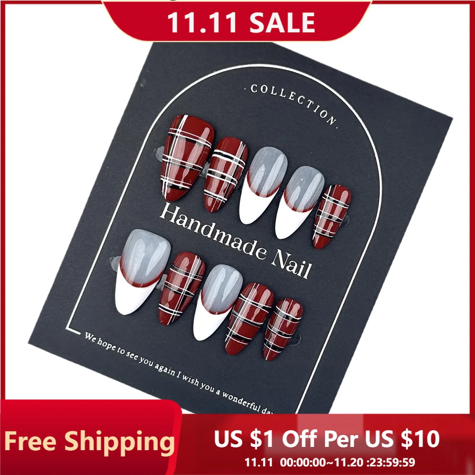 

10pcs Handmade Press on Nails Y2K Almond Red French Check Full Coverage Nail Tips for Women&Girl Removable Wearable Fake Nail