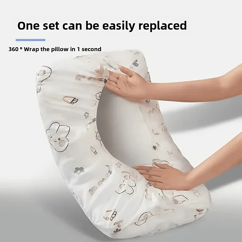10Pcs Thickened Disposable Pillowcases Rabbit Heart Pattern Breathable Fabric with Safety Buckle for Travel Hotel SPA