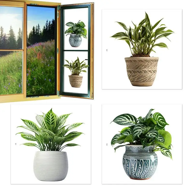 Potted Plant Window Clings portable Double Sided Viewable Window Potted Green Plant Sticker For Visible Static Home Decoration