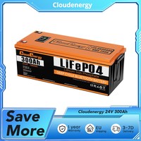 Cloudenergy 24V 300Ah LiFePO4 Battery Pack Backup Power 7680Wh Energy, 6000+ Cycles, Built-in 200A BMS, LCD Screen, Backup Power