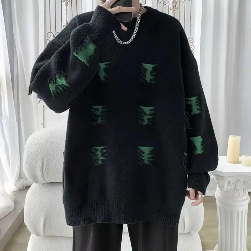 

Свободный крой, мужской вязаный свитер, круглый пуловер, зимний модный повседневный свитер, большой размер 300, гонконгский ретро-сле