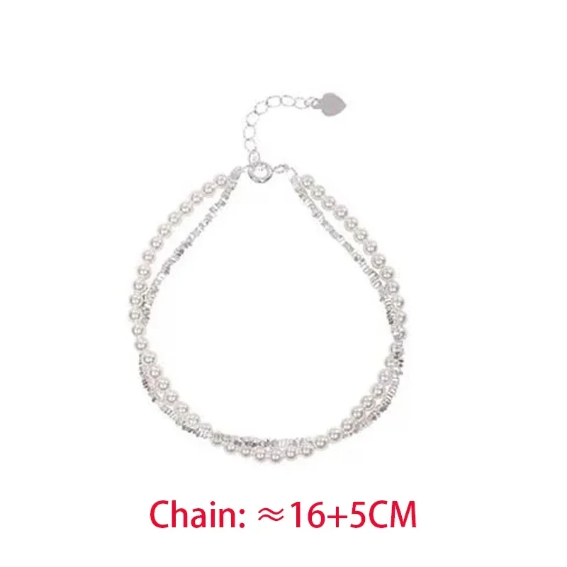 

Real 925 Sterling Silver Pearl Geometric Double Layered Charm Bracelets for Women Trendy Fine Jewelry Minimalist Accessories