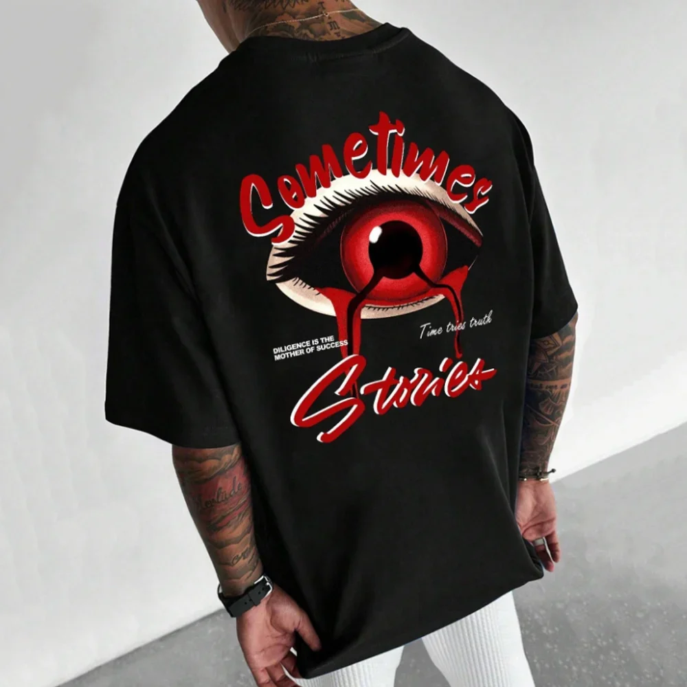 Camiseta grande solta de hip-hop masculina, padrão retro casual street eye, roupa gótica, top minimalista, moda, novo, 2024