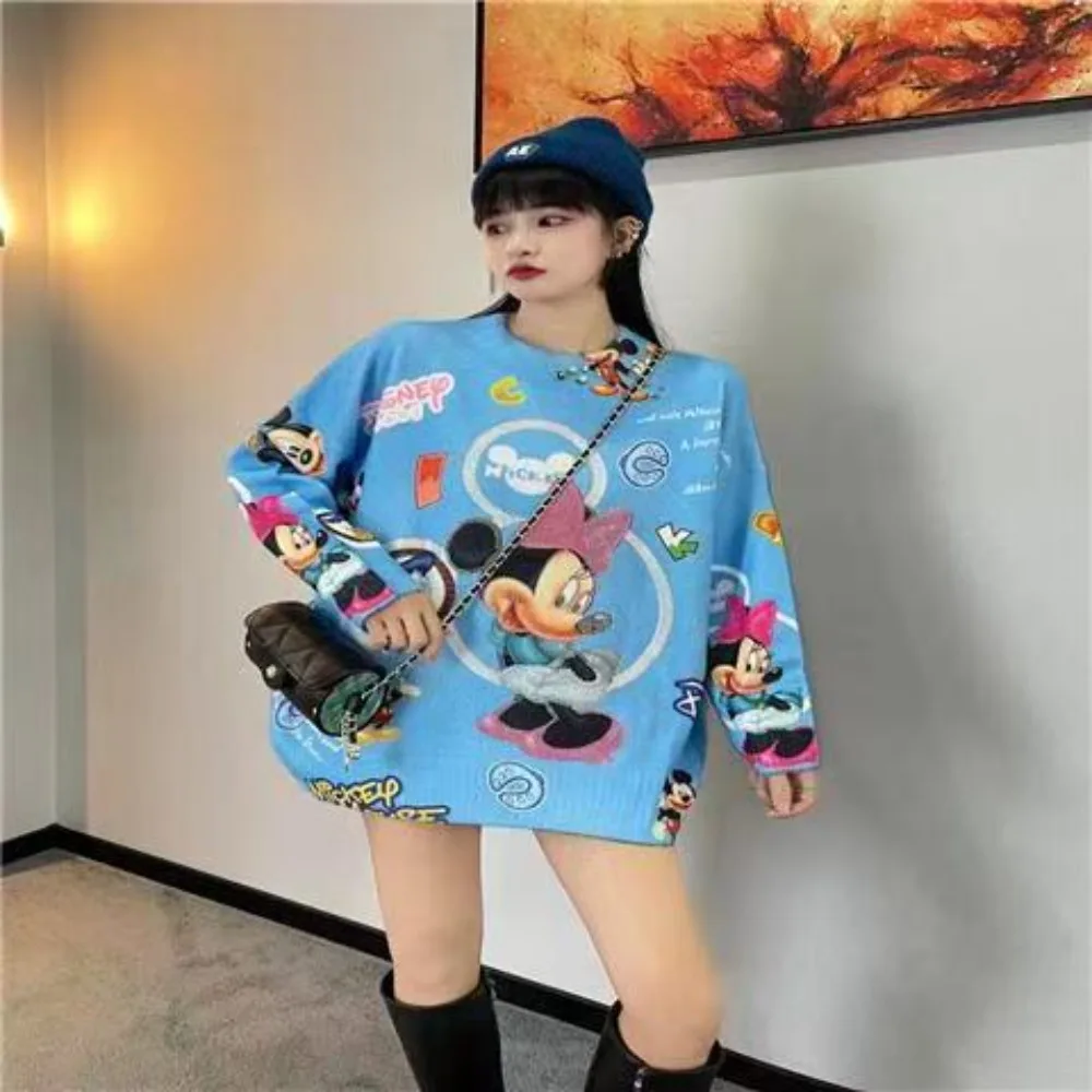 سترة نسائية كبيرة الحجم بطباعة كارتون ديزني، بلوفر ميني آند دونالد داك مطرز بالترتر، بلوزة كاجوال فضفاضة بأكمام طويلة متماسكة